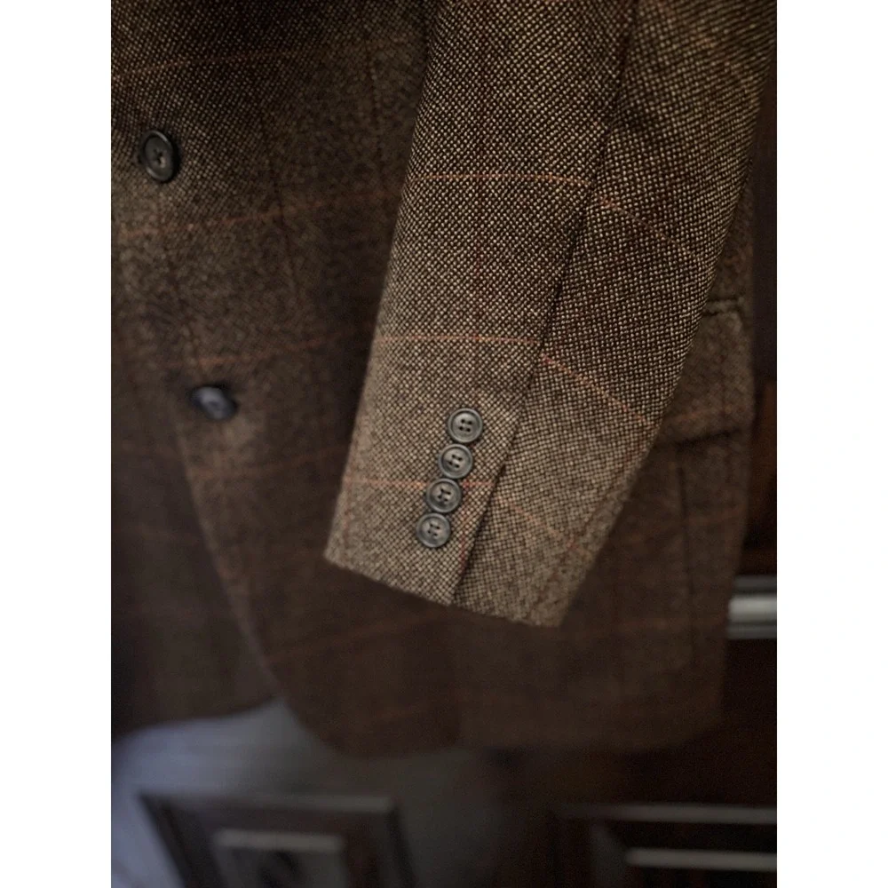 Corneliani Mark Shale Mens Brown Plaid Wool Sport Coat Blazer Made in Italy 42R